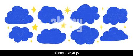 Hand drawn blue clouds and yellow stars set. Cute crayon doodle sky elements in kids style. Vector illustration on white background Stock Vector