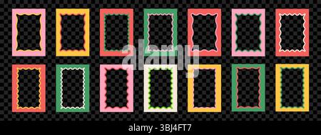 Set of square wavy frames with scallop edges. Trendy borders in retro groovy style. Modern graphic template Stock Vector