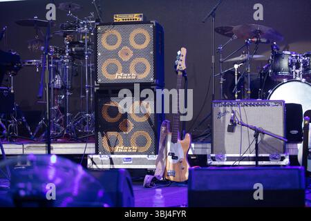 Lviv, Ukraine - June 30, 2019:Musical Instruments and Amplifiers on Stage Stock Photo