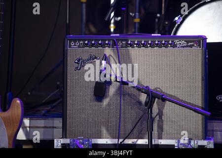 Lviv, Ukraine - June 30, 2019:Fender Twin Reverb Amplifier and Electric Guitar on Stage Stock Photo