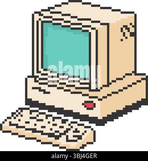 Old computer icon. Pixel art object in 8 bit style. Retro 80s,90s video game graphics Stock Vector
