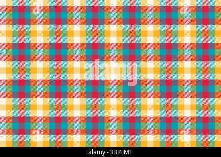 Red teal orange yellow check pattern. Seamless vector tartan texture. Shirt, textile, fabric, blanket or casual fashion print design. Checkered plaid Stock Vector