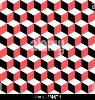 Seamless cube vector pattern. Embossed cuboid hexagonal tile pattern. Modern fashion ornament design. Red, black and white pattern. Stock Vector