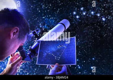 Concept of man searching for constellations while looking through a telescope at a sky full of stars with a constellation guide chart in his hand. Stock Photo