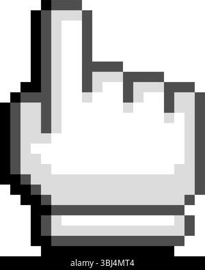 Vector pixel art white hand cursor with bold outline. Retro 8-bit computer pointer style on white background. Stock Vector