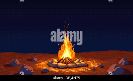 Pixel Art Night Campfire in Desert Landscape Stock Vector
