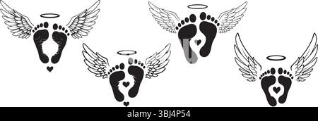 Angel Footprints Memorial Art Featuring Wings Halo and Hearts Delicate Remembrance of Loss and Love Comforting Keepsake Stock Vector