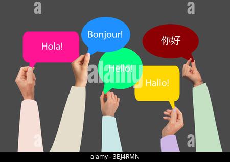 International communication in a diverse world. Group of people speaking different languages, engaging in conversation. Hi in French, Spanish, Chinese Stock Photo