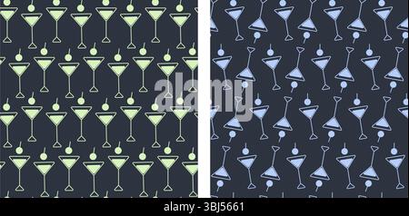 Triangular Martini Glasses and cherry symbolic Seamless background Neon light yellow green on dark. Isolated Vector illustration Beverage Menu Cards Background Wallpaper posting, promo banner, leaflet Stock Vector