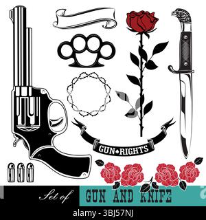 Set of vintage weapons and roses Stock Vector
