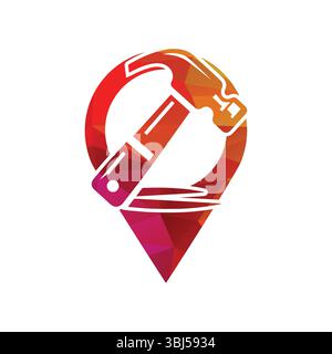 Colorful Hammer and Location Marker Icon Design Stock Vector