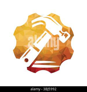 Geometric Hammer Icon with Orange Polygonal Background Stock Vector