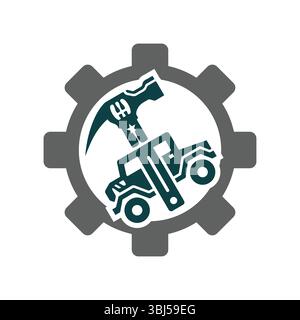 Industrial Logo Design Featuring Gear, Hammer, and Truck Stock Vector