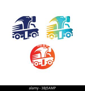 A collection of unique hammer truck logos in blue, multicolor, and red. Perfect for construction, transportation, or logistics branding. Eye-catching Stock Vector