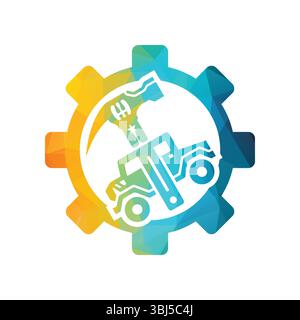 Colorful Industrial Icon with Tractor and Gear Symbol Stock Vector