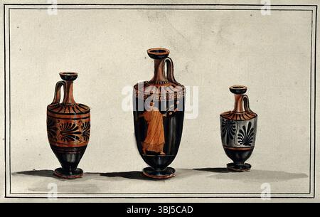 Three Greek wine-jugs (oinochoes); left and right vases decorated with palms; middle one decorated with a red figure draped woman, 1760-1769. Stock Photo