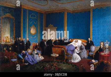 The last moments of HRH the Prince Consort, c16861. Prince Albert (in bed), Prince Arthur [standing in front), Queen Victoria [seated], Princess Alice [seated facing the Queen].  Prince of Wales [left of bed], General Bruce [standing to left of the Prince of Wales, Dean of Windsor [standing left of Bruce], Major du Plat [standing left of Dean of Windsor], General Bentinck [standing left of du Plat], Duke of Cambridge [standing left of Bentinck, leaning over foot of bed], Lord Alfred Paget [standing behind Duke of Cambridge, nearest to door], Major Teesdale [talking to Paget], Prince Leiningen Stock Photo