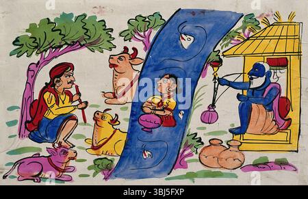 Krishna playing his flute to the cows and Radha who is immersed in the river, while an old man smoking a hookah observes. Stock Photo