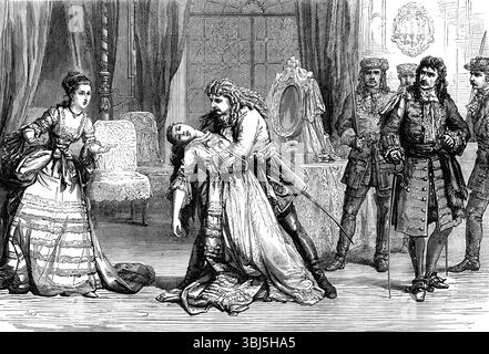 Scene from the new play, "Clancarty," at the Olympic Theatre, 1874. London stage production. 'It is seldom that the climax of a new play can be presented in a pictorial illustration. The drama of " Clancarty," however - one of the cleverest pieces of stage construction that even [ever?] Mr. Tom Taylor has given to the modern stage - is so skilfully arranged that all the early incidents of it conduct to the striking situation of the third act, in the bedchamber of Lady Clancarty, when she and her lord have that "meeting and parting " on which the final interest of Stock Photo