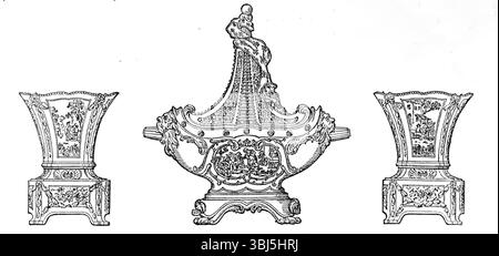 Old Sèvres porcelain, sold for £10,500, 1874. 'The sale of two or three private collections of old Sèvres and Chelsea porcelain, with some Chinese porcelain, carvings in crystal, jade, and cornelian, and other ornamental articles, at Messrs. Christie and Manson's rooms, on the 12th June, was attended by many purchasers who had plenty of money. The prices obtained were in some instances of an extraordinary amount. So much as £10,500 was given for a set of chimney-piece ornaments in old Sèvres porcelain, the property of a nobleman, consisting of a vase and cover, nearly Stock Photo