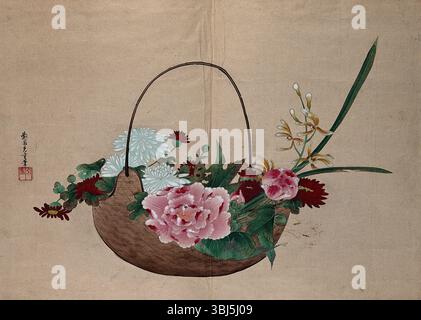 A basket of flowers, peonies, chrysanthemums and orchids. Stock Photo