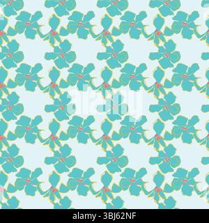 Iris flower, Hand drawn vector Botanical seamless pattern with teal and pink irises. For textile, wrapping paper, packaging, DIY projects. Stock Vector