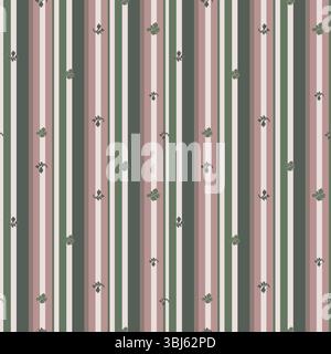 Stripes Forest Green Thin Stripe Seamless Repeating with minimalistic Iris flowers Dark Green Background Artistic Wallpaper. Hand drawn design. Stock Vector