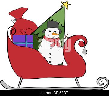 Santa sleigh filled with colorful wrapped Christmas gifts, composition isolated. Vector graphic line ink illustration. For poster, invitation, Stock Vector
