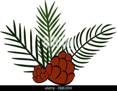 Pine tree branches with pine cones composition isolated. Vector graphic line ink illustration. Perfect for cards, decorations, stickers, logo, menu, v Stock Vector
