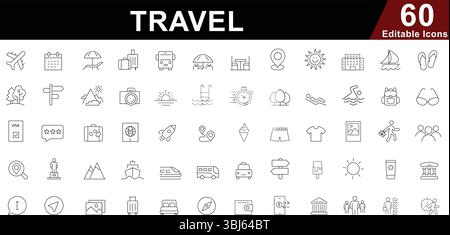 Travel and Tourism Line Icons Set - Vacation, Holiday, Journey and Destination Symbols Stock Vector