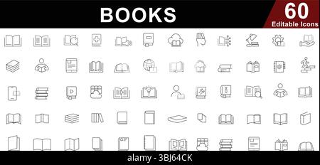 Books and Reading Line Icons Set - Education, Knowledge and Digital Library Symbols Stock Vector