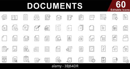Documents Line Icons Set - File, Report, Paperwork and Office Symbols Stock Vector
