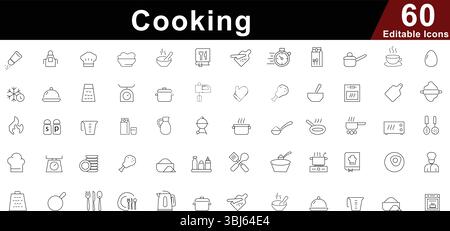 Cooking Line Icons Set - Kitchen, Food Preparation and Utensil Symbols Stock Vector
