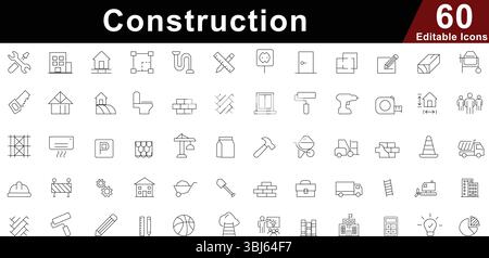 Construction Line Icons Set - Building, Renovation, Engineering and Tools Symbols Stock Vector