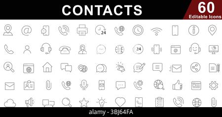 Contacts Line Icons Set - Support, Information and Global Connection Symbols Stock Vector