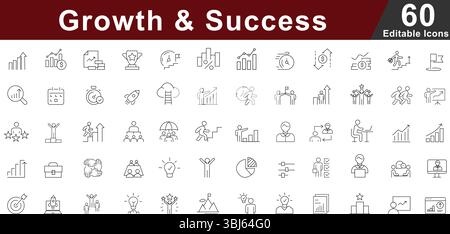 Growth and Success Line Icons Set - Business, Personal Development and Achievement Symbols Stock Vector