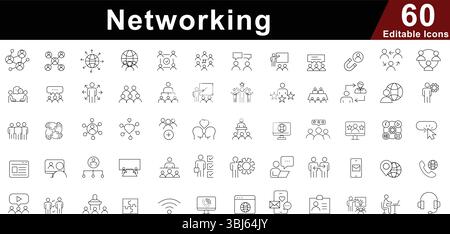 Networking Line Icons Set - Connection, Communication, Teamwork and Global Network Symbols Stock Vector