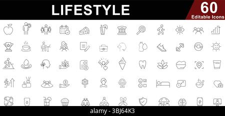 Lifestyle Line Icons Set - Health, Wellness, Habits and Daily Life Symbols Stock Vector