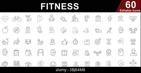 Fitness Line Icons Set - Workout, Health, Exercise and Sport Activities Symbols Stock Vector
