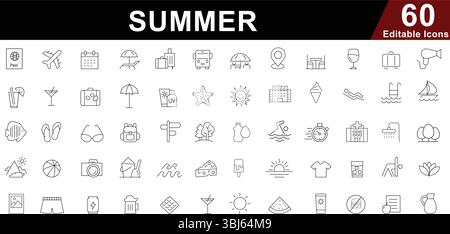Summer Vacation Line Icons Set - Travel, Beach, Holiday and Outdoor Activities Symbols Stock Vector
