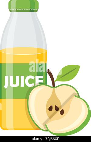 Apple juice in bottle icon in flat style. Fresh fruit drink vector illustration on isolated background. Healthy food sign business concept. Stock Vector