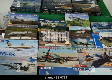 Plastic model airplanes in boxes for sale in various scales] Stock Photo
