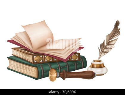 A vintage composition of old ornate hardcover books in a stack, an open empty book, an inkwell with a pen and a wooden stamp. Ancient literature, stud Stock Photo