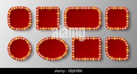 Red retro shields signs of different shapes with glowing yellow neon lights and shadows isolated on light background. Vector illustration. Stock Vector