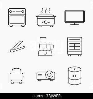 Set of minimal outline style icon representing various household and electronic appliances on a light background, vector illustration Stock Vector