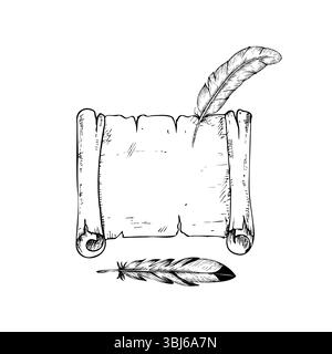 Vector old scroll paper with bird feather. Hand painted linear parchment, quill pen illustration. Graphic monochrome sketch isolated on background Stock Vector