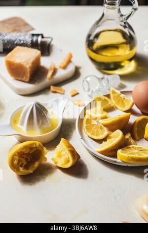 Juiced lemons, cheese, and oil arranged for citrus-based recipe.jpg Stock Photo