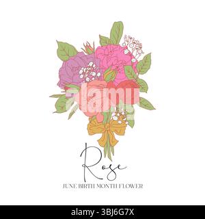 Hand drawn line art retro palette roses bouquet with text june month birth flower Stock Vector