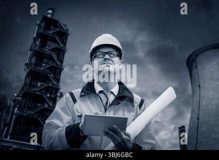 Construction engineer wearing safety vest Stock Photo