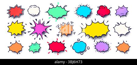 Comic speech bubbles in retro pop style with bold colorful shapes and empty captions. Perfect for humor, memes, quotes, sound effects, web and print Stock Vector